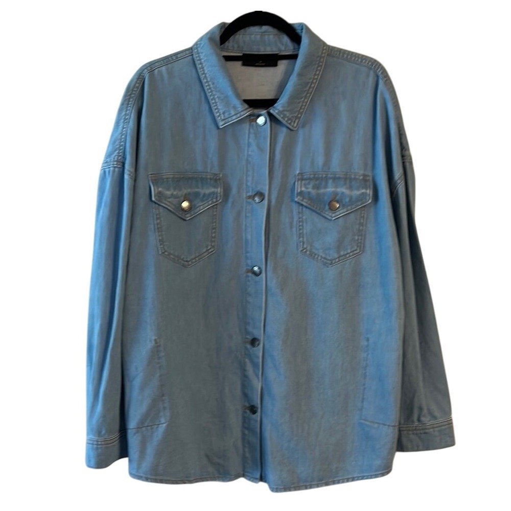 Lane Bryant Cotton Denim Blue Boxy Button Down Shirt Shacket Pockets 16 XL Stain